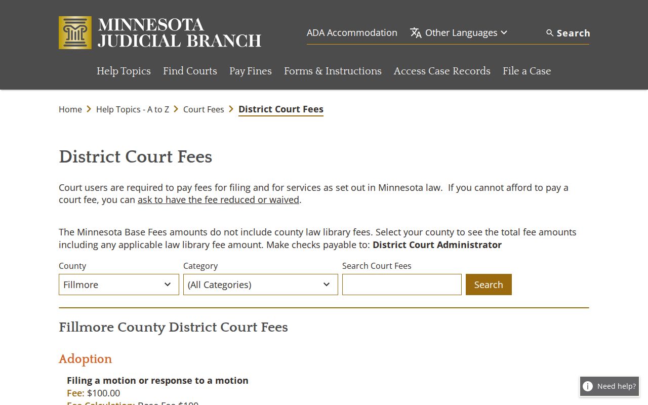 Fillmore County traffic warrant court fee page