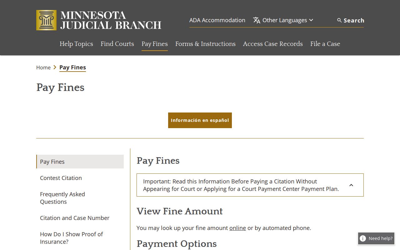 Fillmore County traffic warrant citation payment page