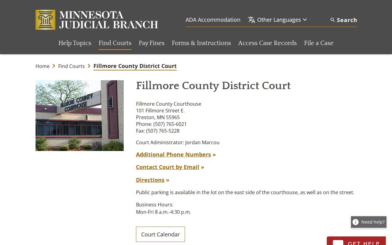 Fillmore County warrant records courthouse contact page