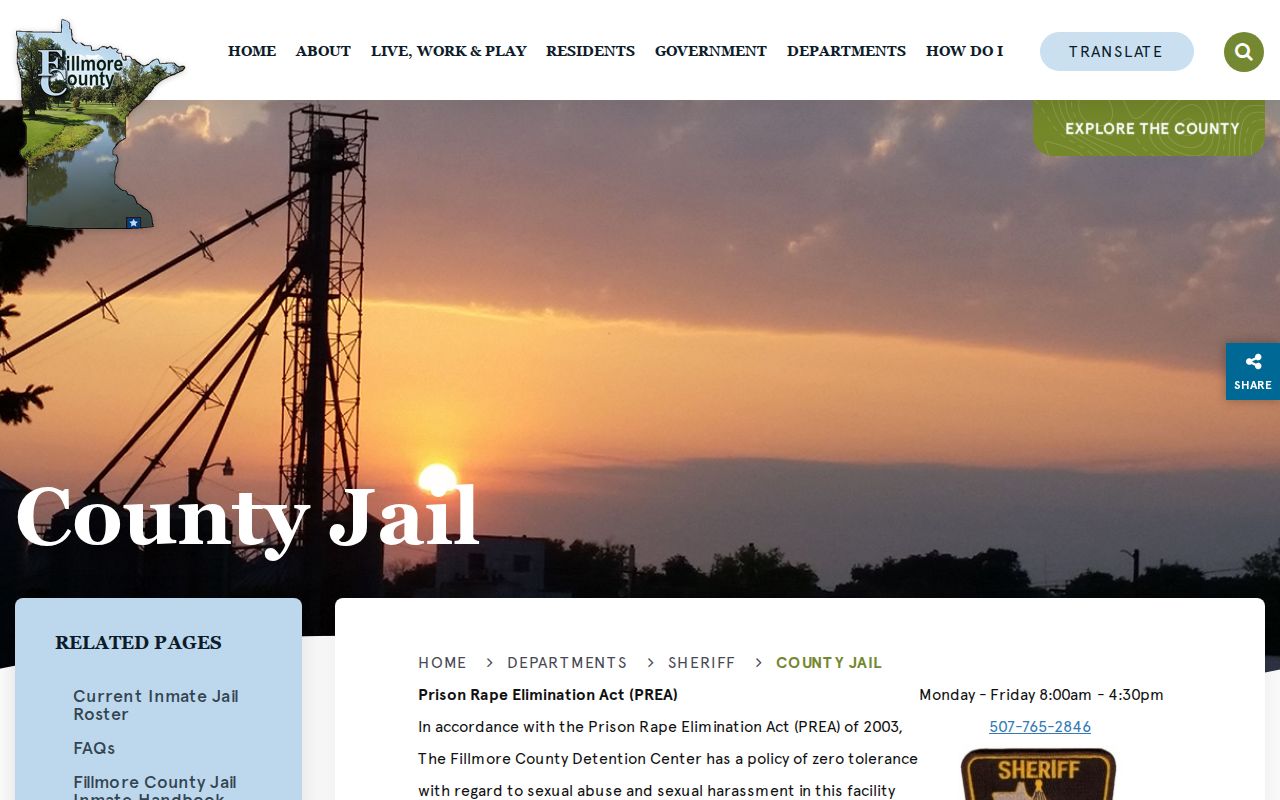 Fillmore County jail building contact page