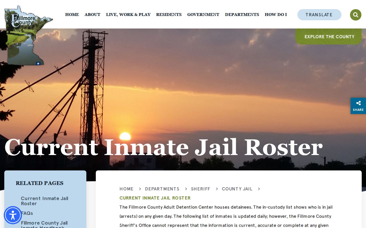 Fillmore County jail roster disclaimer page header